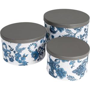 Household Essentials Round Hat Boxes with Lids, Vibrant Scallop Print with Faux Leather Lids, Poly-Cotton and Non-Woven PP Liner, Large, Medium and Small, Stackable and Nestable, Olive and Cream(Blue Floral)