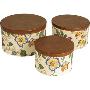 Household Essentials Round Hat Boxes with Lids, Vibrant Scallop Print with Faux Leather Lids, Poly-Cotton and Non-Woven PP Liner, Large, Medium and Small, Stackable and Nestable, Olive and Cream(Multicolor Floral)