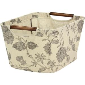 Household Essentials Small Tapered Storage Bin with Wood Handles, Black Floral(Medium)