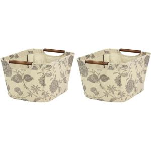 Household Essentials Small Tapered Storage Bin with Wood Handles, Black Floral(Medium (Pack of 2))
