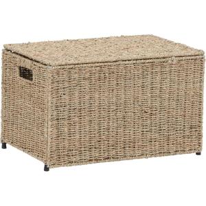 Household Essentials Woven Paper Rope Storage Chest with Hinged Lid and Integrated Handles, Grey(Light Brown)