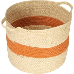 Round Handwoven Paper Rope Basket with Terracotta Stripe and Handles, Natural