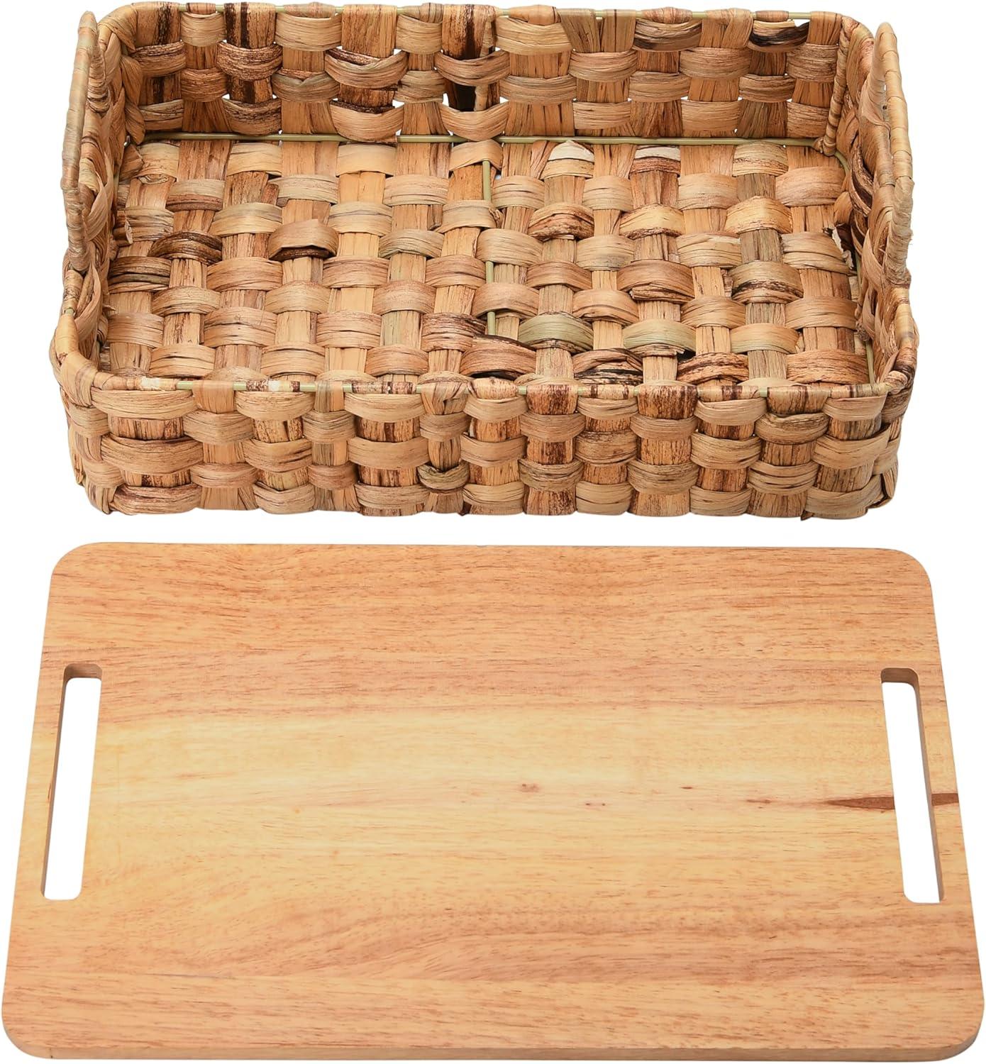 image:imageHousehold Essentials Stackable Hyacinth Baskets with Oak Lids Natural Set of 2