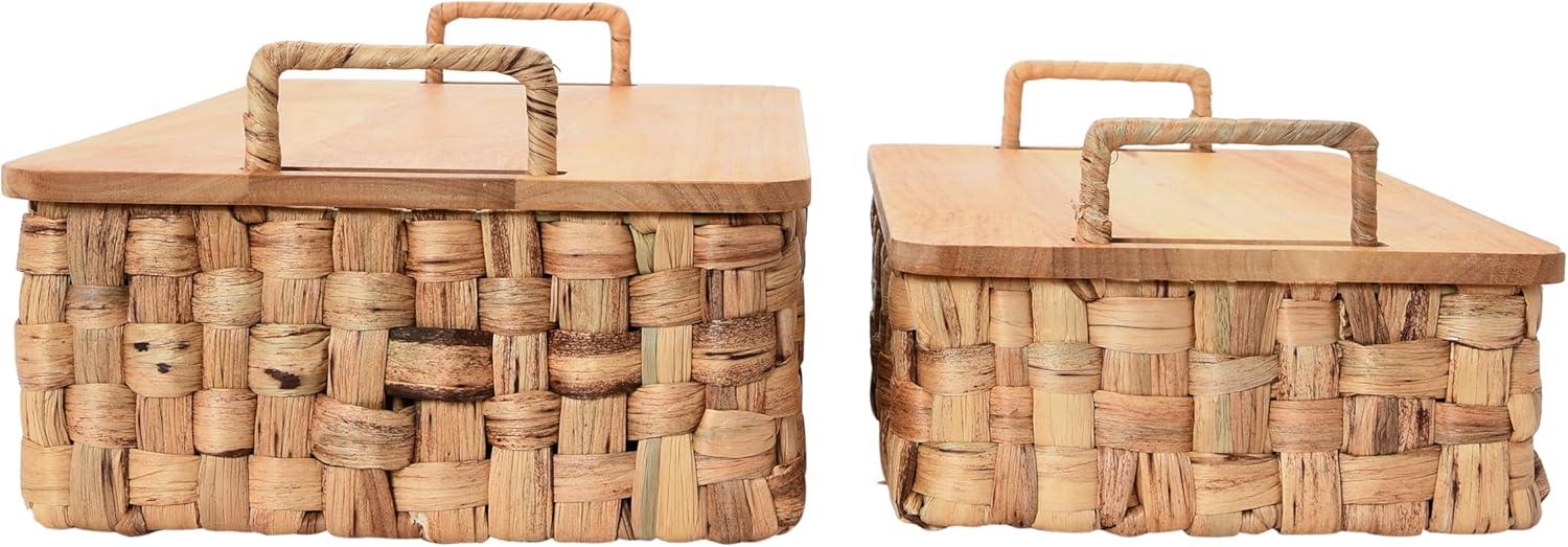 image:imageHousehold Essentials Stackable Hyacinth Baskets with Oak Lids Natural Set of 2