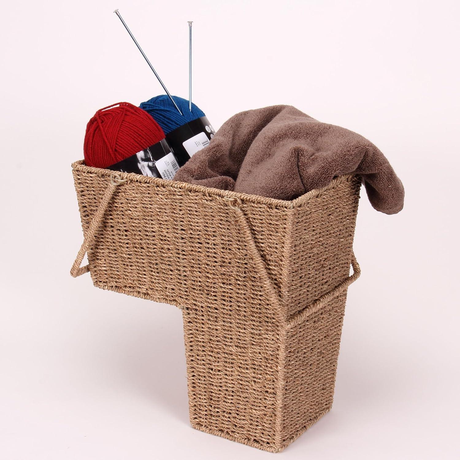 image:imageHousehold Essentials Wicker Stair Basket with Handles Handwoven Seagrass NaturalSeagrass and Corn Husk