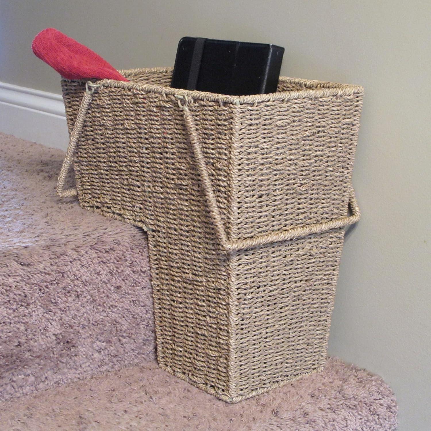 image:imageHousehold Essentials Wicker Stair Basket with Handles Handwoven Seagrass NaturalSeagrass and Corn Husk