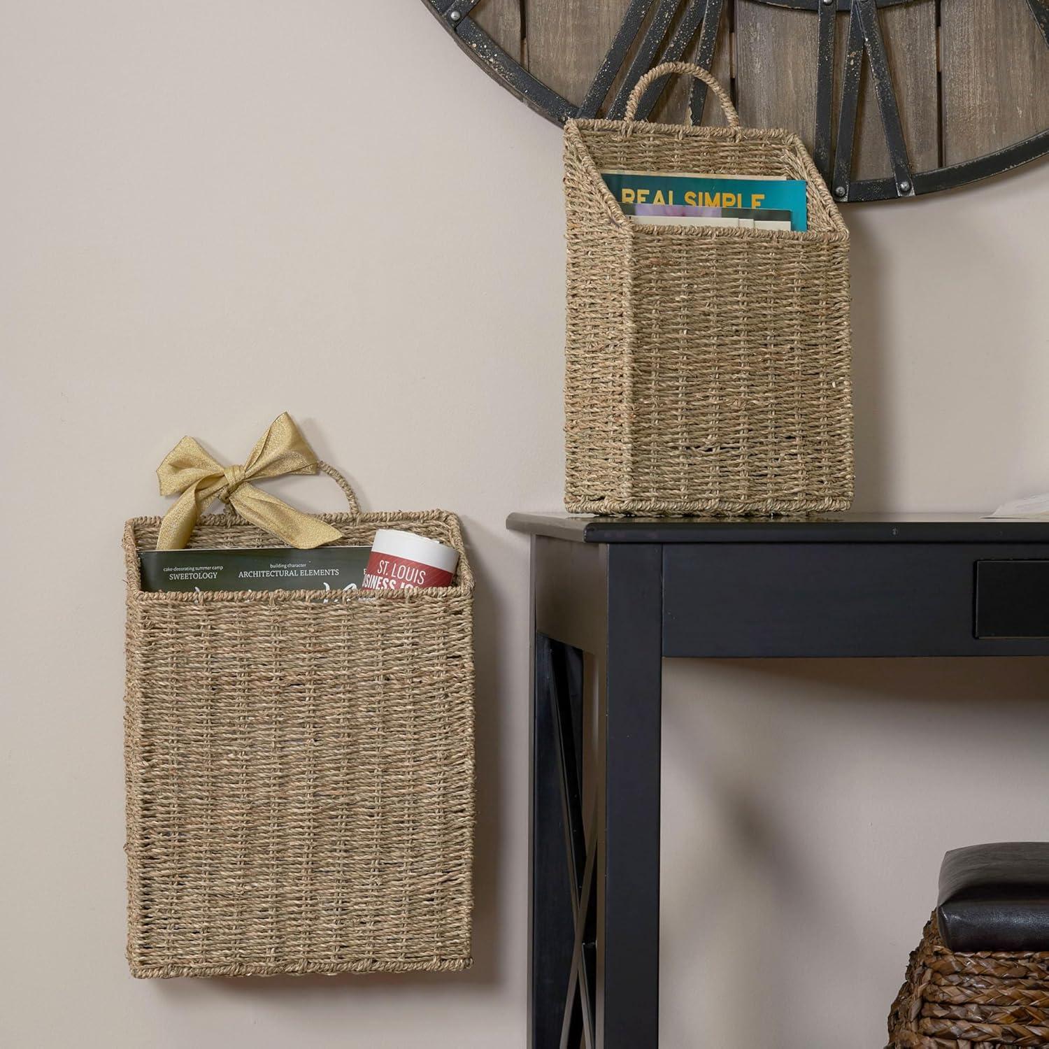 image:imageRectangular Wicker Hanging Baskets Set of 2 Small and Large Handwoven Seagrass Durable Metal Wire Frame Multipurpose and Contemporary Perfect for Organizing Newspapers Mail and More Natural