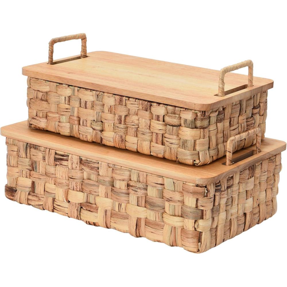image:imageHousehold Essentials Stackable Hyacinth Baskets with Oak Lids Natural Set of 2