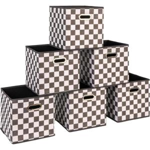 Household Essentials Fabric Storage Bins 6 Piece Set, Checkerboard White and Black(11” L x 11” W x 11” H (Pack of 6))