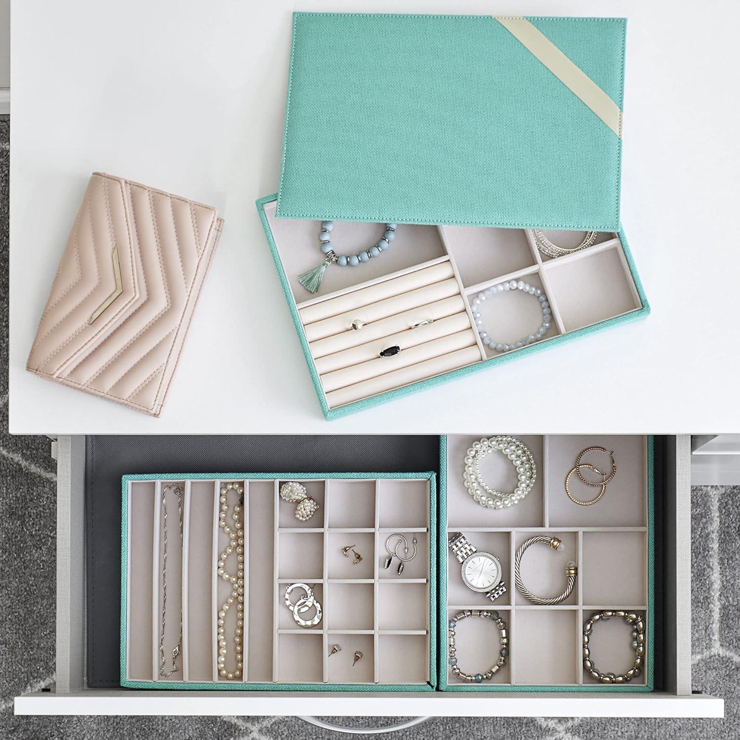 image:imageHousehold Essentials 3Tier Jewelry Tray Sturdy Chipboard With Polyester Linen Wrap Polyester Felt Lining Many Compartments for Easy Jewelry Access Stackable Stylish and Functional Seafoam GreenTeal