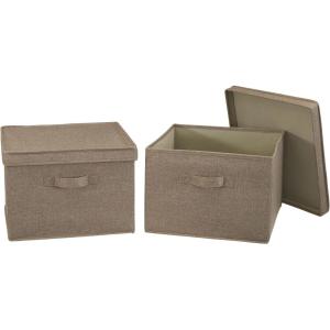 Household Essentials Square Fabric Storage Bins with Lids, Latte, Set of 2(Latte)