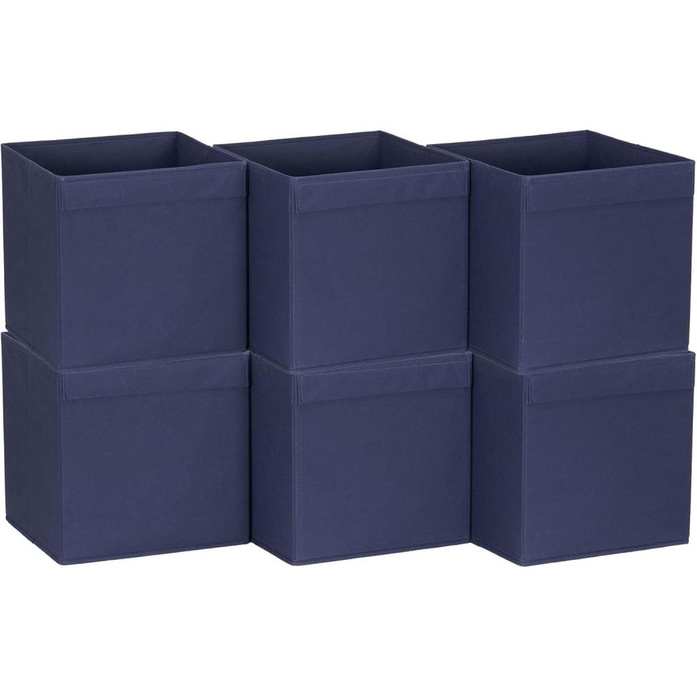 image:imageHousehold Essentials Foldable Storage Cubes Set of 6 Bins for Cube Organizer Shelves Natural White with Lip Pull HandleNavy Blue