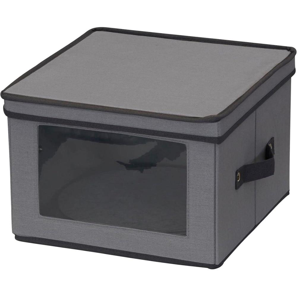 image:imageHousehold Essentials 536 Dinnerware Storage Box with Lid and Handles  Storage Bin for Dinner Plates  Natural Canvas with Brown TrimGrey
