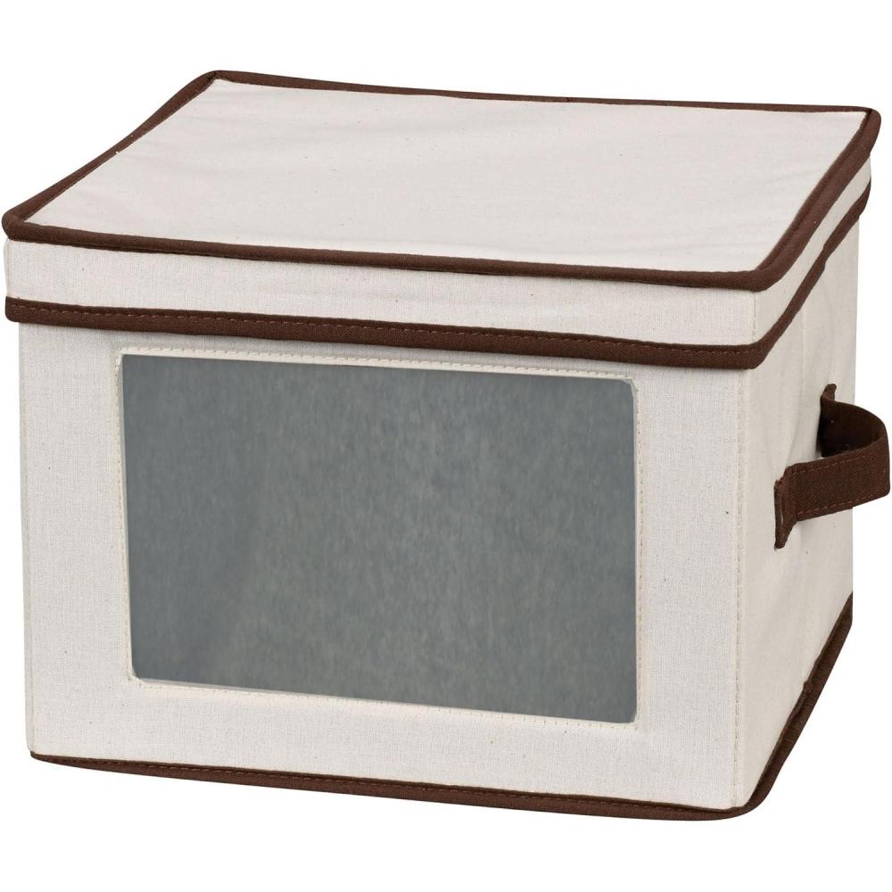 image:imageHousehold Essentials 536 Dinnerware Storage Box with Lid and Handles Storage Bin for Dinner Plates Natural Canvas with Brown TrimNatural