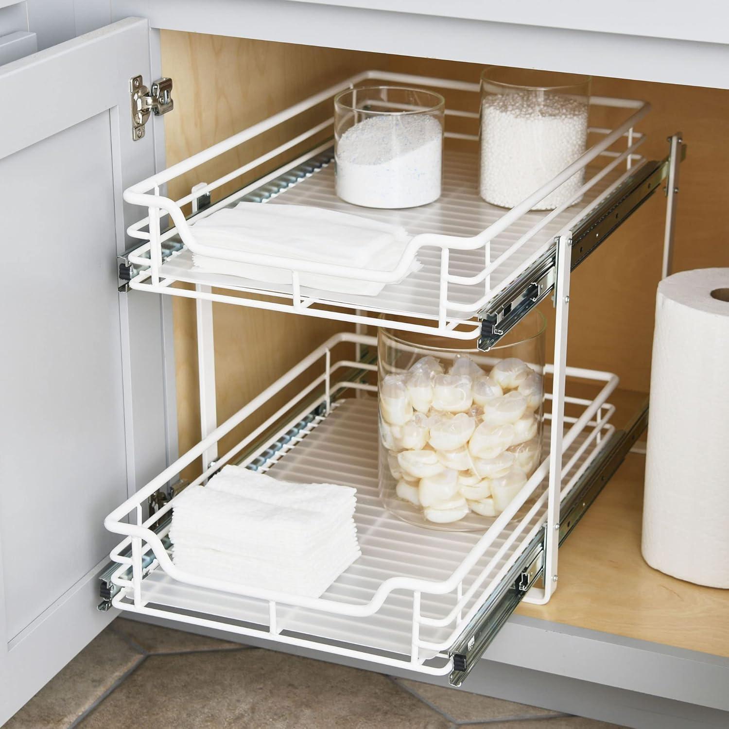 image:imageHousehold Essentials Glidez PowderCoated Steel 2Tier PullOutSlideOut Storage Organizer with Plastic Liners 1225 Wide BlackWhite