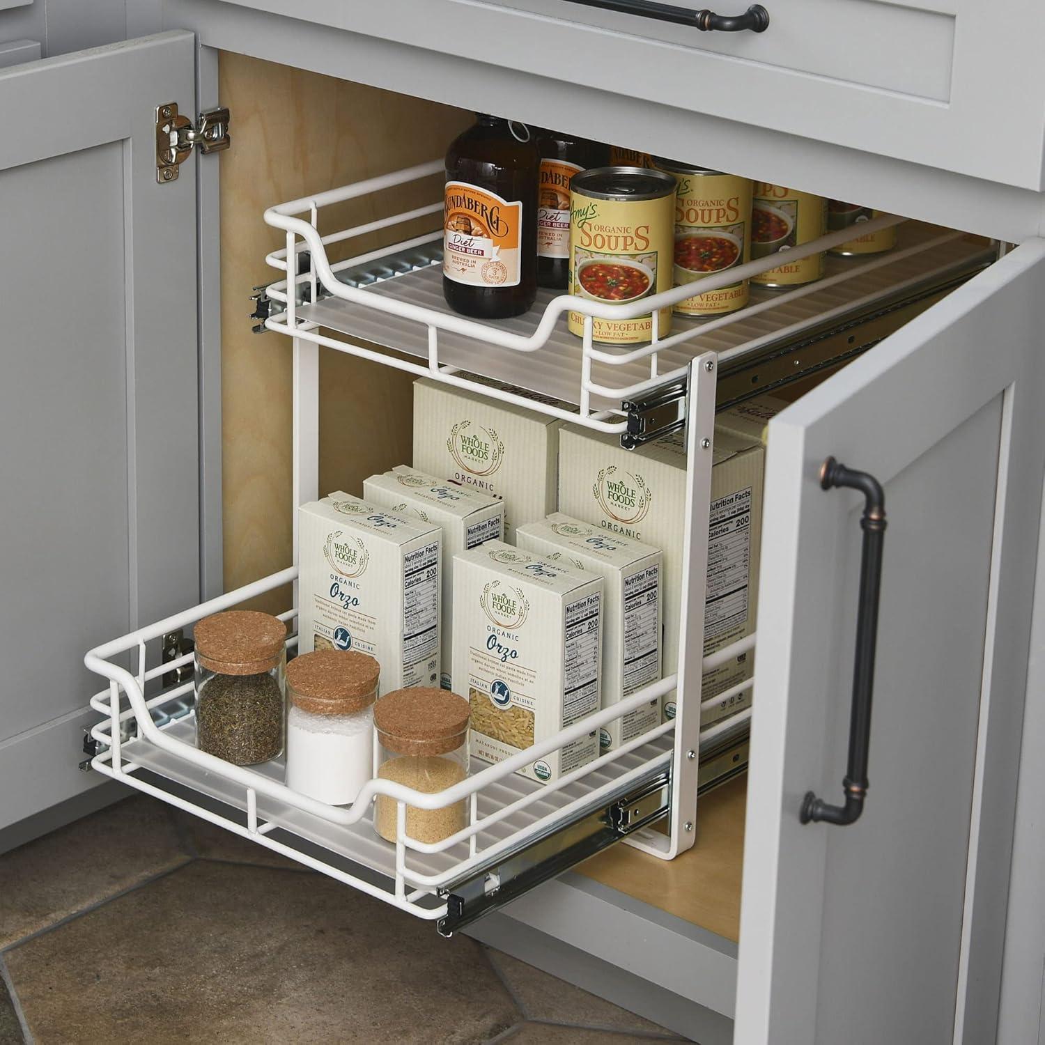 image:imageHousehold Essentials Glidez PowderCoated Steel 2Tier PullOutSlideOut Storage Organizer with Plastic Liners 1225 Wide BlackWhite