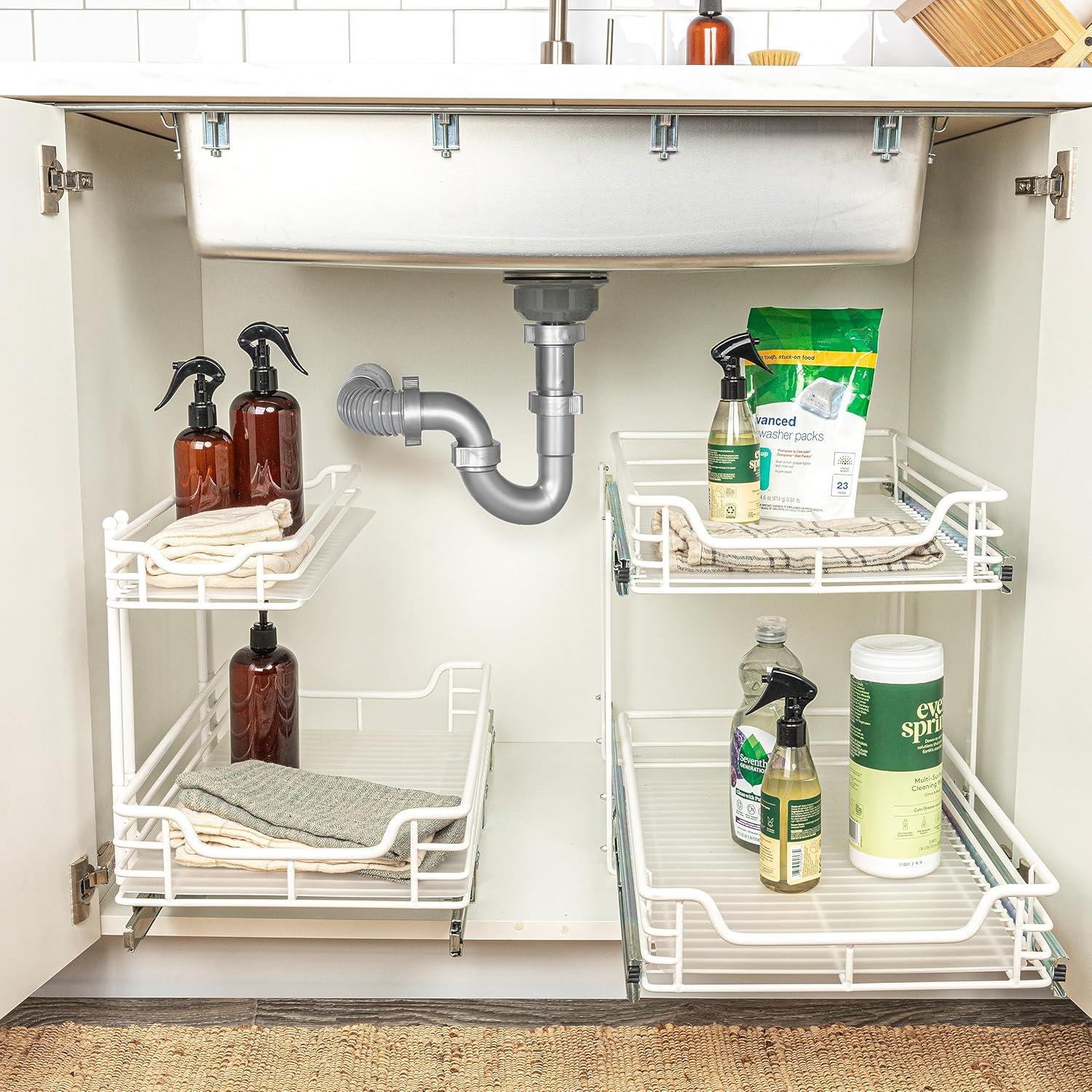 image:imageHousehold Essentials Glidez PowderCoated Steel 2Tier PullOutSlideOut Storage Organizer with Plastic Liners 1225 Wide BlackWhite
