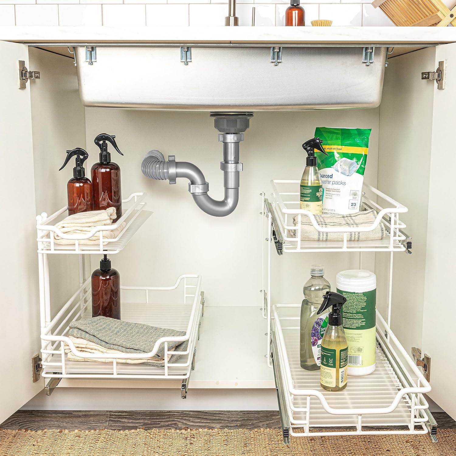 image:imageHousehold Essentials Glidez PowderCoated Steel 2Tier PullOutSlideOut Storage Organizer with Plastic Liners 1225 Wide BlackWhite