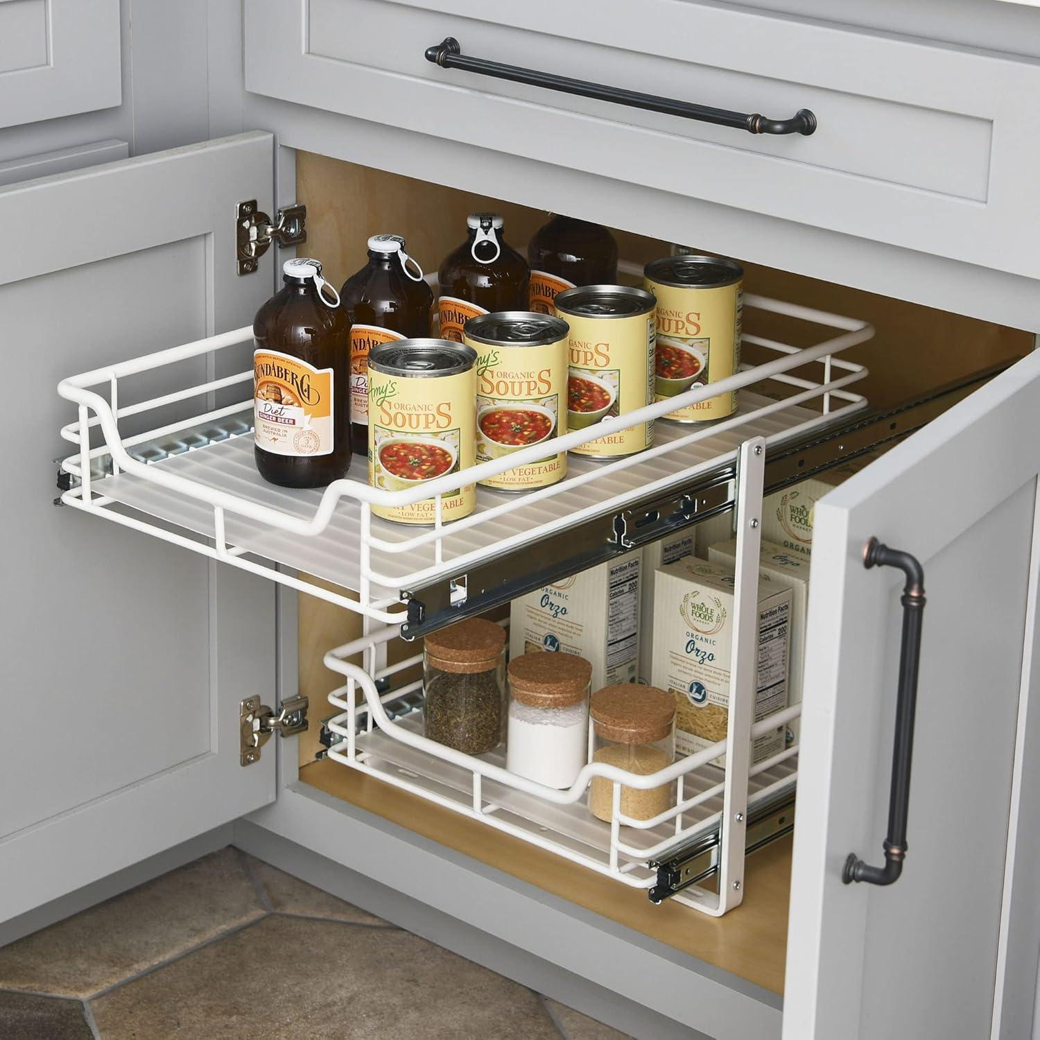 image:imageHousehold Essentials Glidez PowderCoated Steel 2Tier PullOutSlideOut Storage Organizer with Plastic Liners 1225 Wide BlackWhite