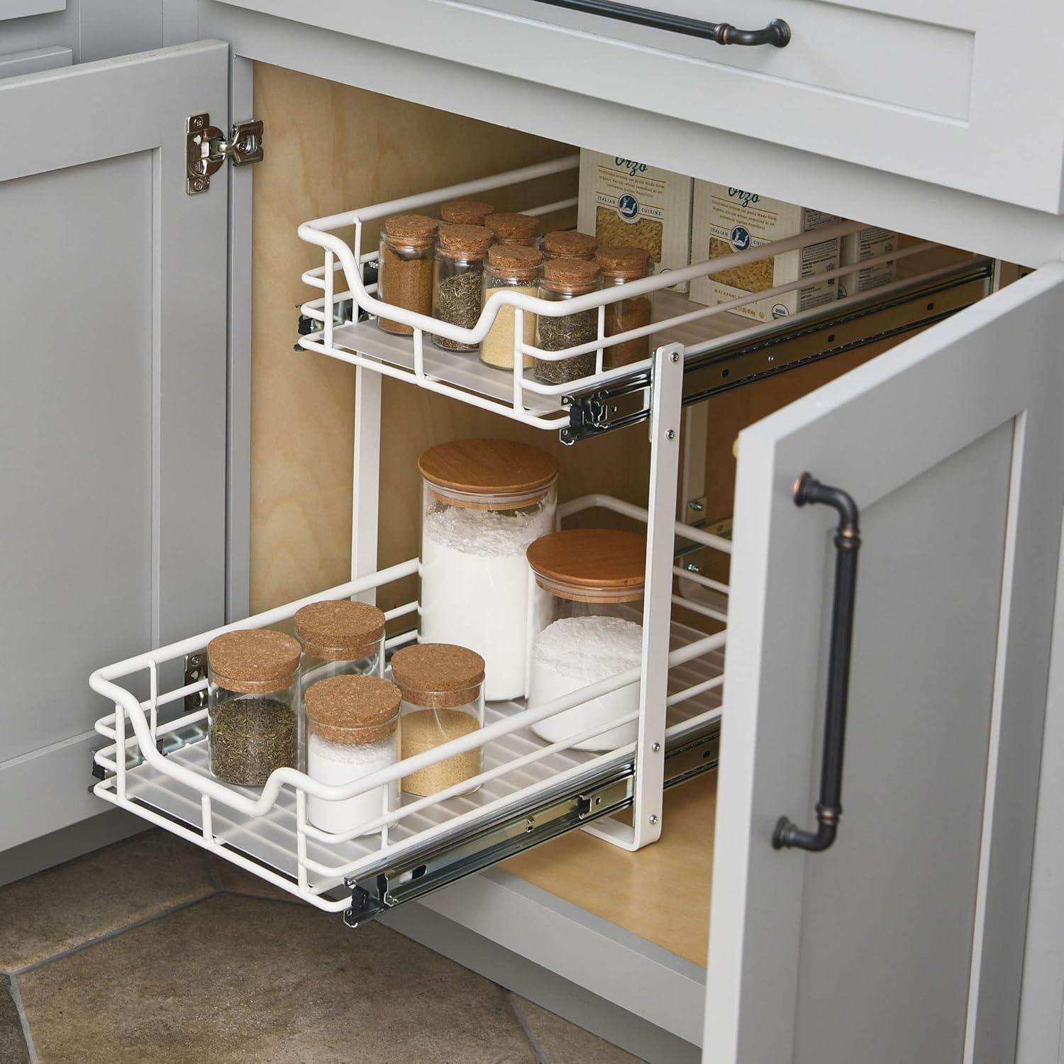 image:imageHousehold Essentials Glidez PowderCoated Steel 2Tier PullOutSlideOut Storage Organizer with Plastic Liners 1225 Wide BlackWhite