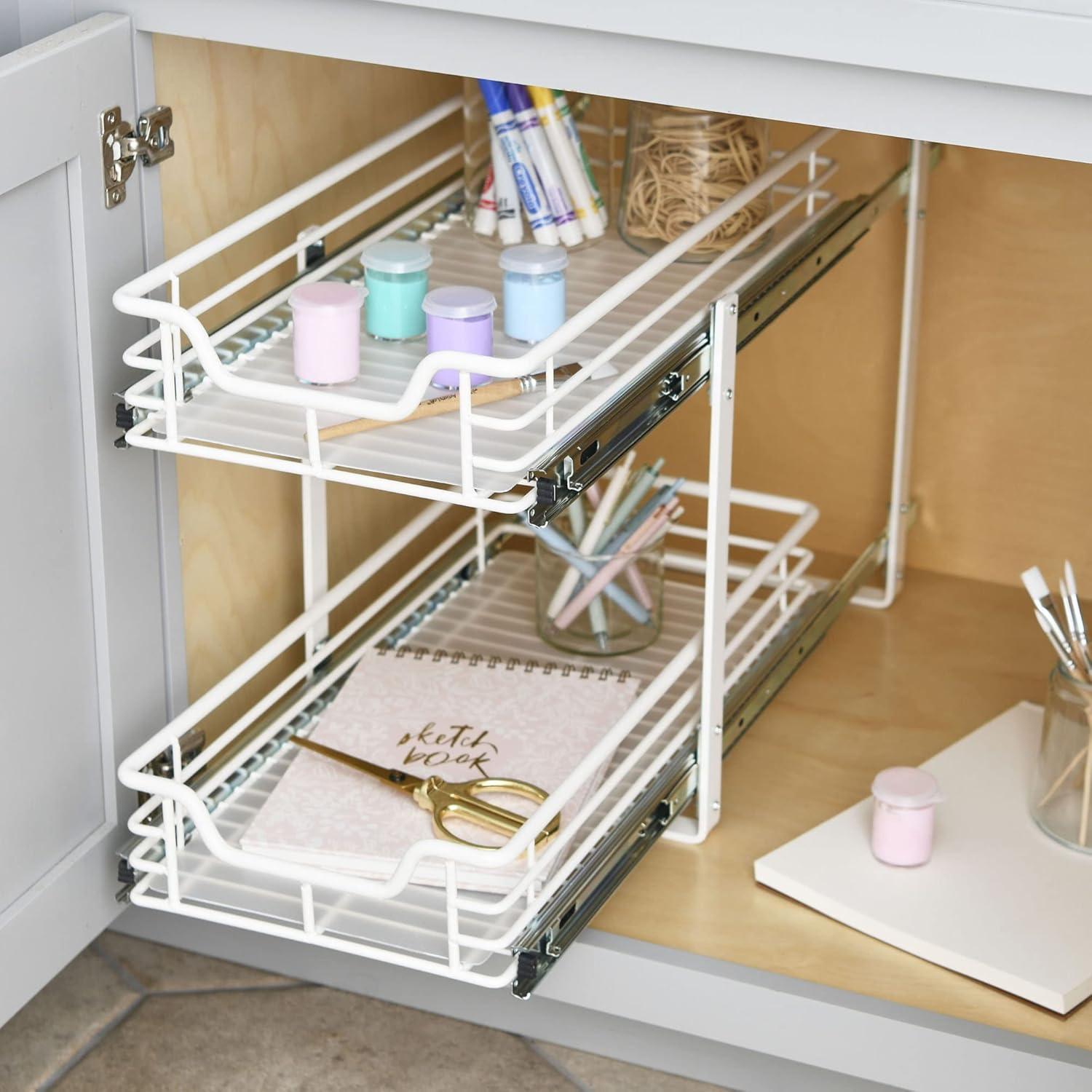image:imageHousehold Essentials Glidez PowderCoated Steel 2Tier PullOutSlideOut Storage Organizer with Plastic Liners 1225 Wide BlackWhite