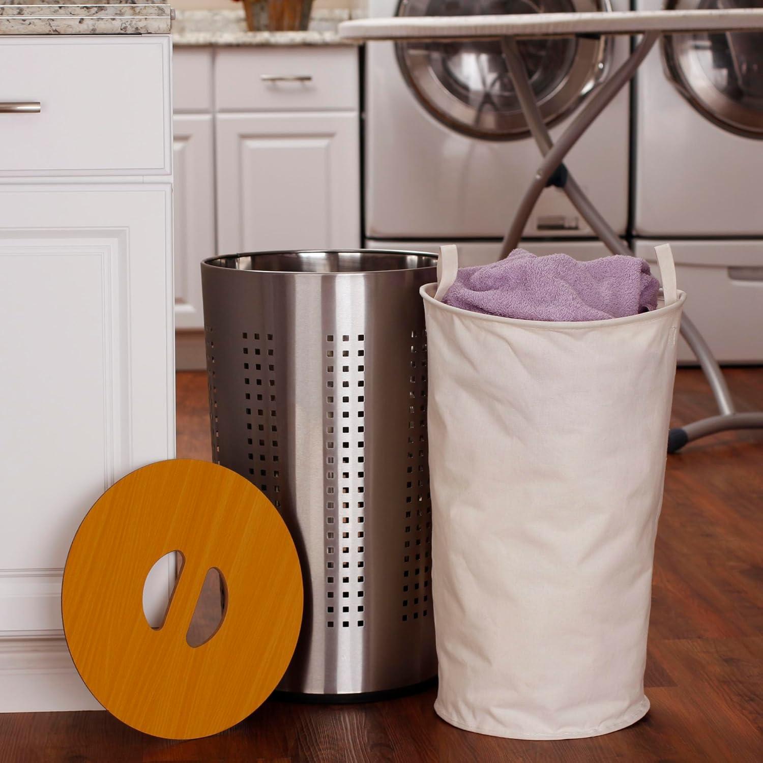image:imageHousehold Essentials 70811 Round Metal Laundry Hamper Removable Liner Bag and Wood Lid Stainless SteelStainless Steel
