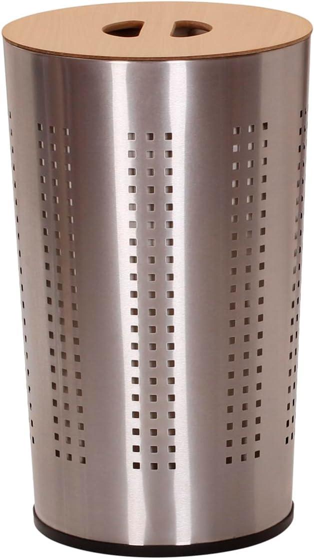 image:imageHousehold Essentials 70811 Round Metal Laundry Hamper Removable Liner Bag and Wood Lid Stainless SteelStainless Steel