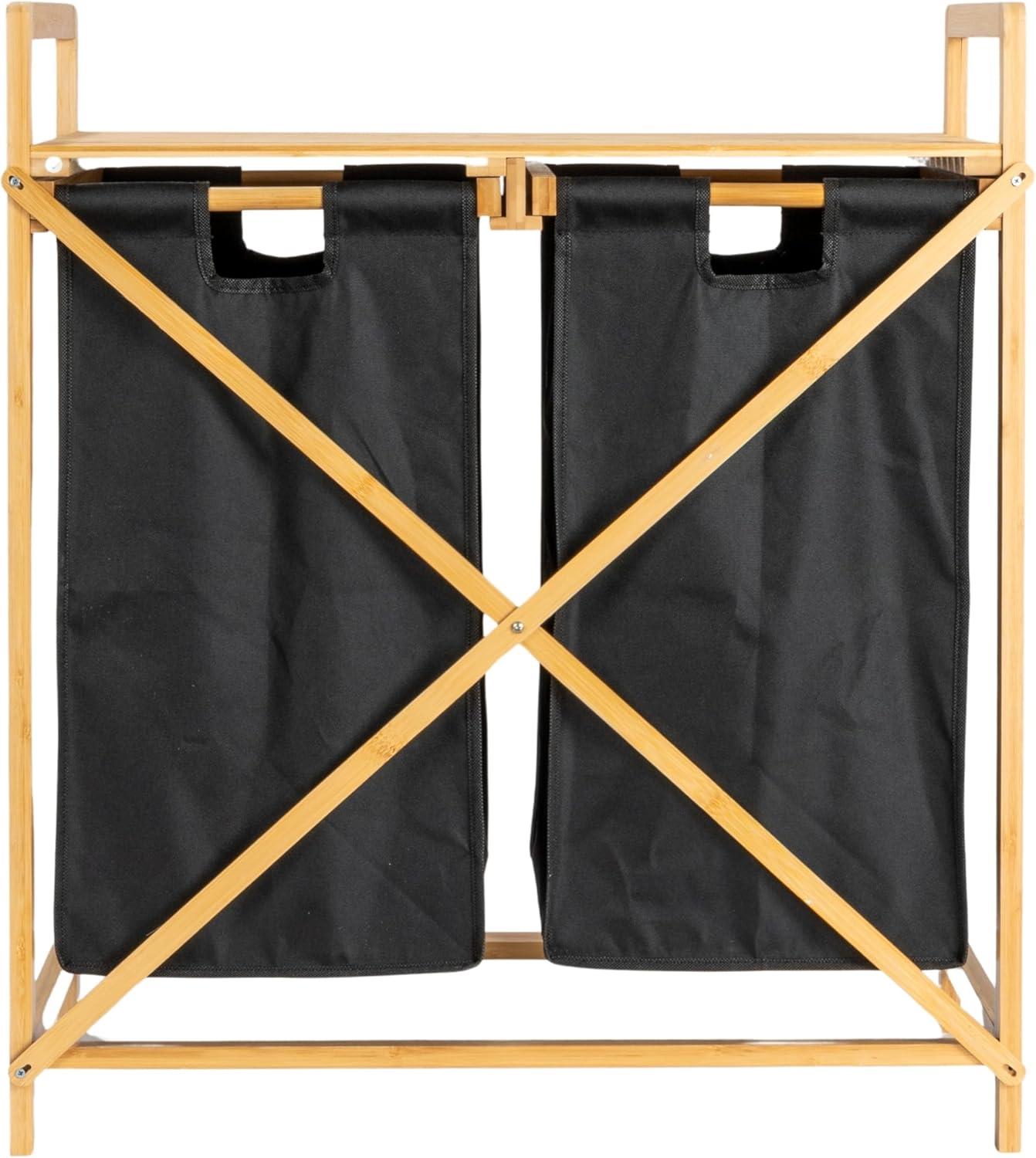 image:imageHousehold Essentials Bamboo Pull Out Double Hamper with Shelf Natural and Black