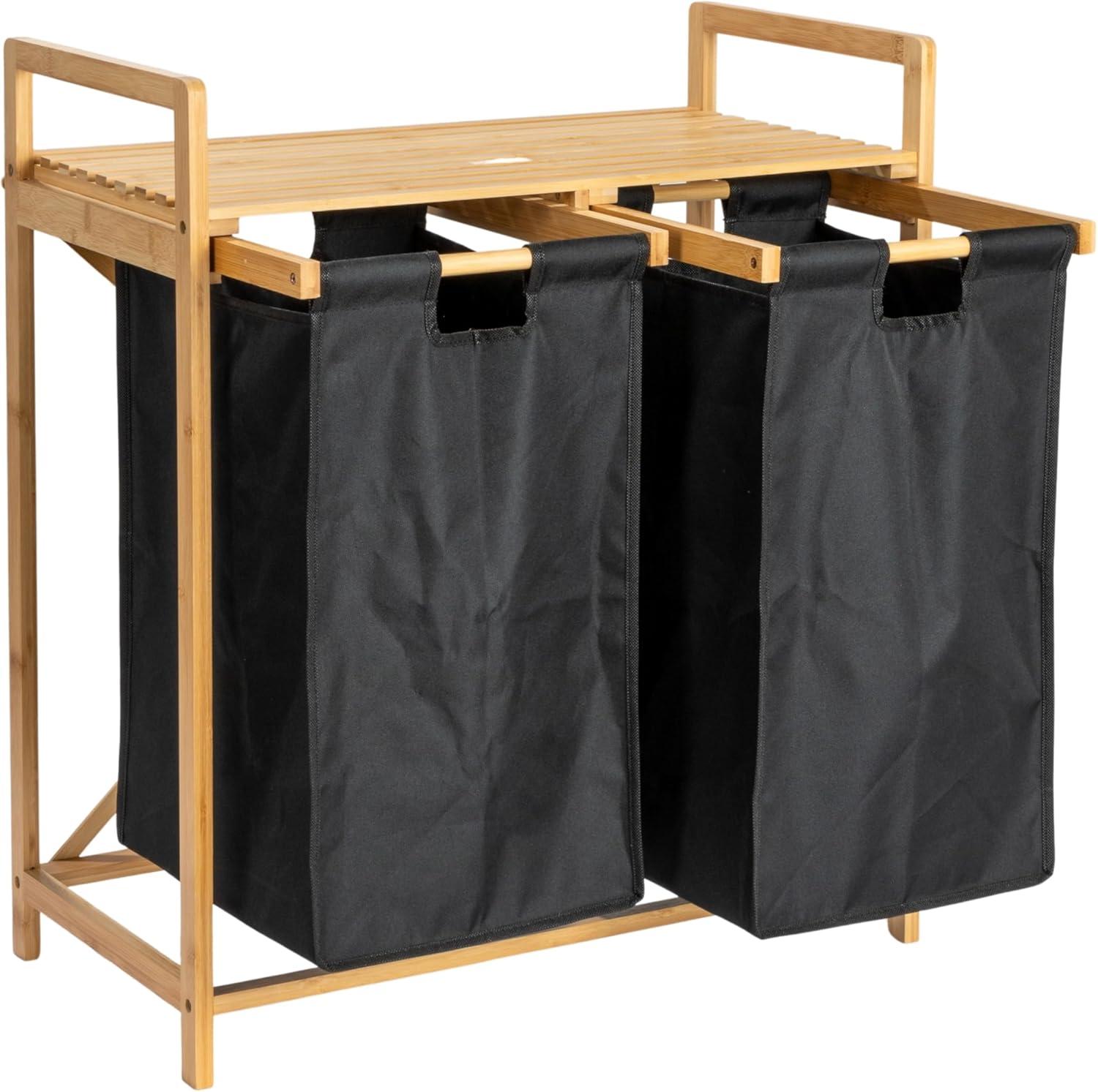 image:imageHousehold Essentials Bamboo Pull Out Double Hamper with Shelf Natural and Black