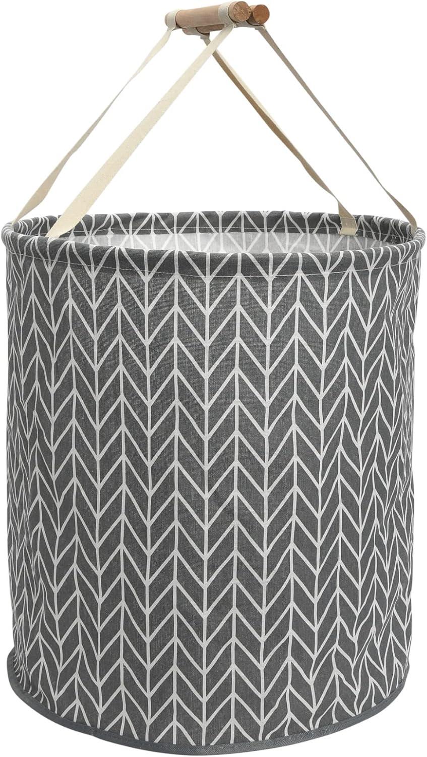 image:imageHousehold Essentials Round Krush Hamper with Wood Dowel Handles Gray Chevron