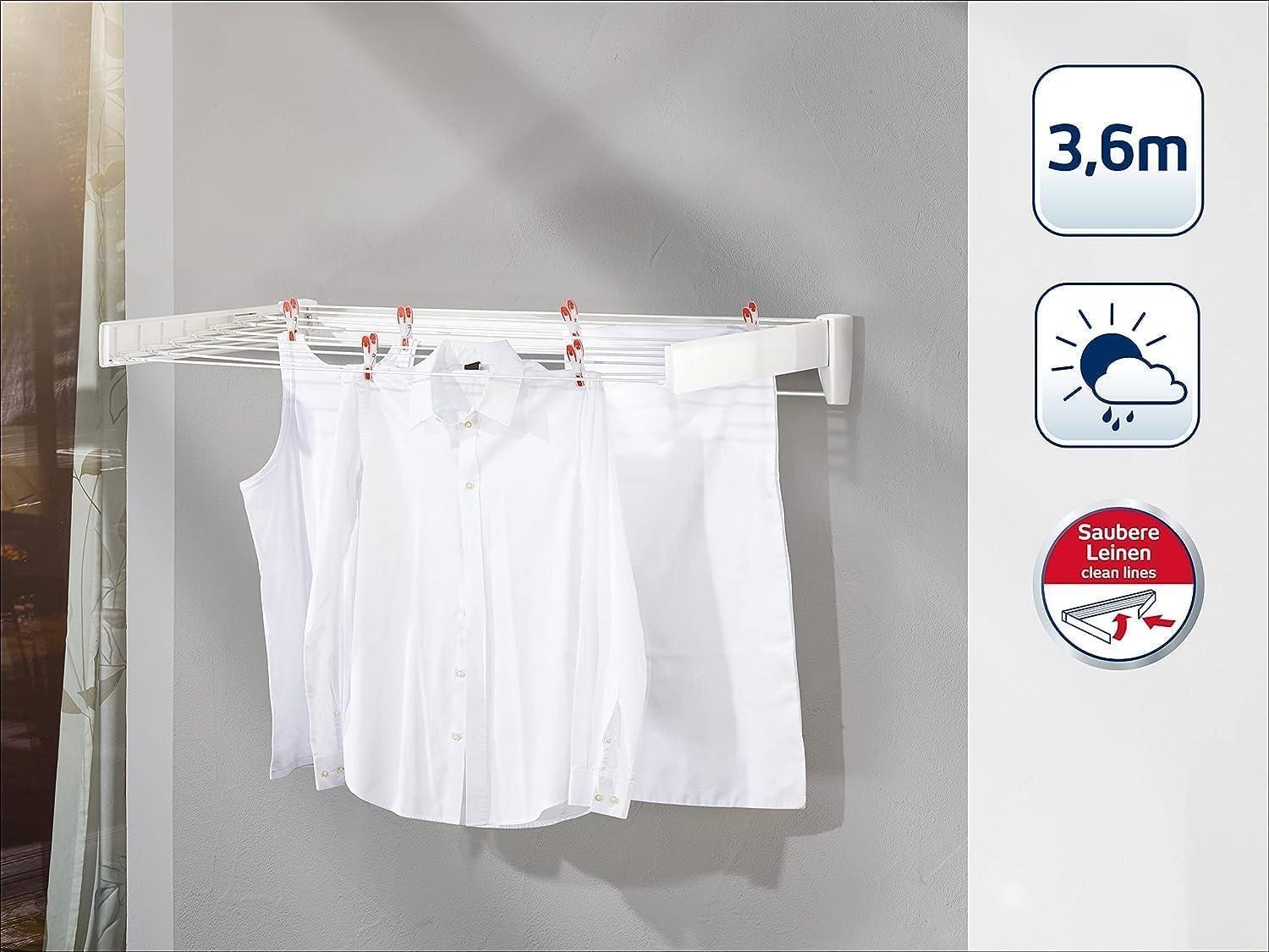 image:imageLeifheit Wall Dryer Telegant 36 Protect Plus Space Saving Wall Mounted Clothes Drying Rack with 36 m Drying Length Hidden Folding Design 5 Rustproof Rails and 60 cm Aluminum Towel Bar72 x 37 cm