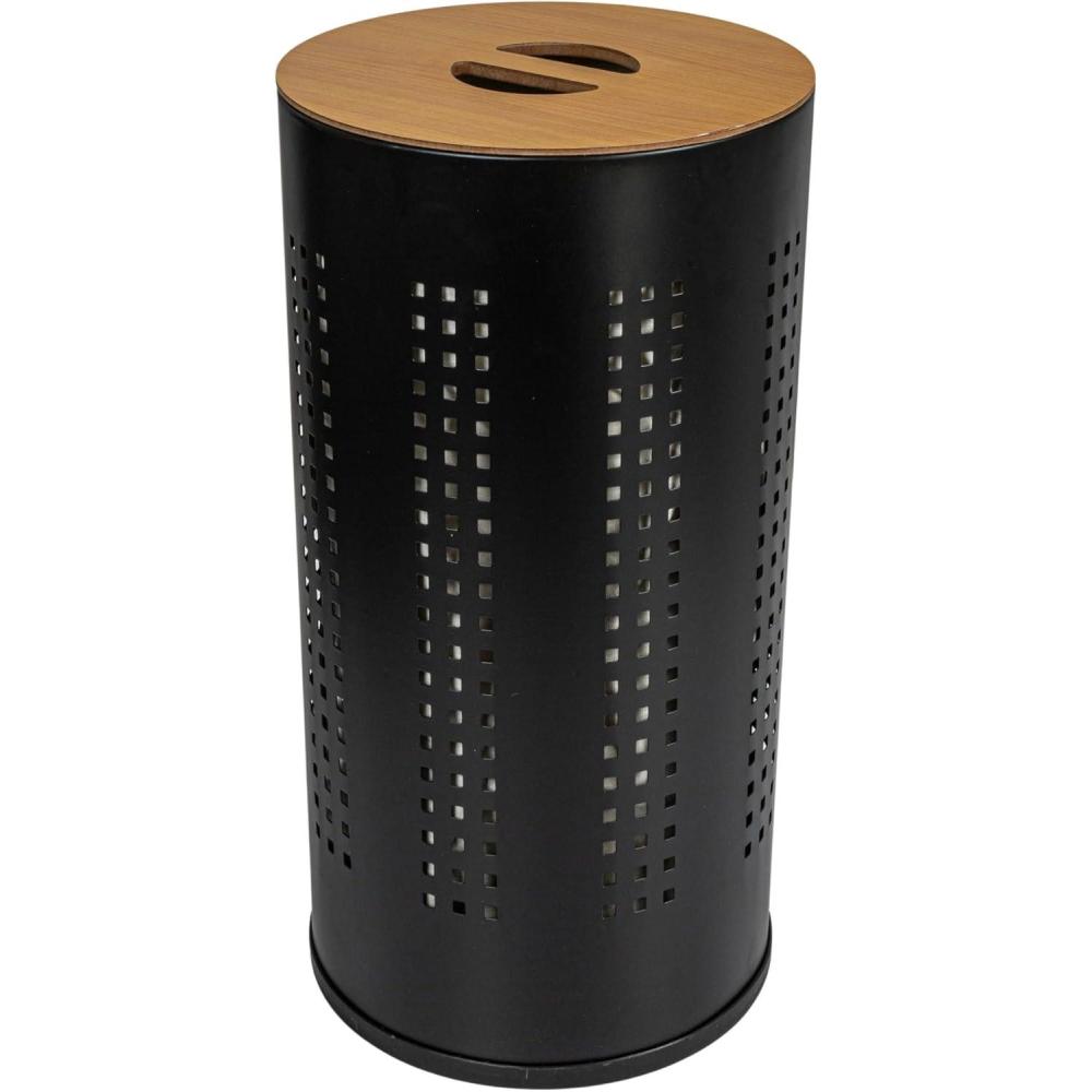 image:imageHousehold Essentials 70811 Round Metal Laundry Hamper Removable Liner Bag and Wood Lid Stainless SteelBlack