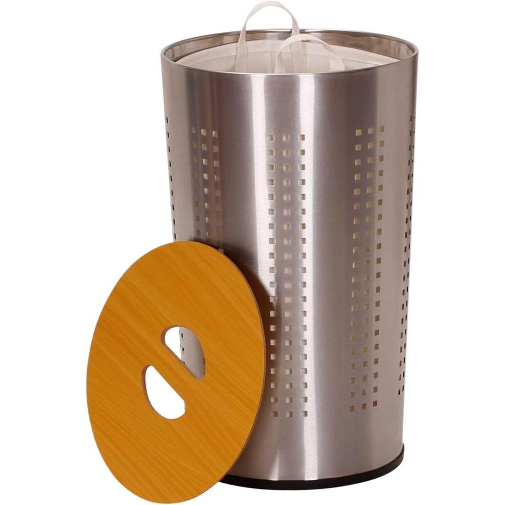 image:imageHousehold Essentials 70811 Round Metal Laundry Hamper Removable Liner Bag and Wood Lid Stainless SteelStainless Steel