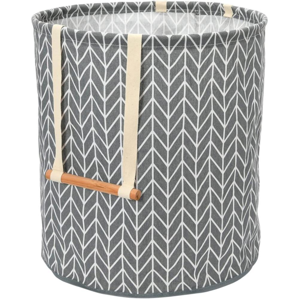 image:imageHousehold Essentials Round Krush Hamper with Wood Dowel Handles Gray Chevron