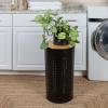 Household Essentials 7081-1 Round Metal Laundry Hamper – Removable Liner Bag and Wood Lid – Stainless Steel(Black)