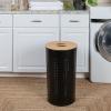 Household Essentials 7081-1 Round Metal Laundry Hamper – Removable Liner Bag and Wood Lid – Stainless Steel(Black)