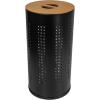 Household Essentials 7081-1 Round Metal Laundry Hamper – Removable Liner Bag and Wood Lid – Stainless Steel(Black)