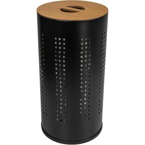 Household Essentials 7081-1 Round Metal Laundry Hamper – Removable Liner Bag and Wood Lid – Stainless Steel(Black)