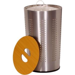 Household Essentials 7081-1 Round Metal Laundry Hamper – Removable Liner Bag and Wood Lid – Stainless Steel(Stainless Steel)