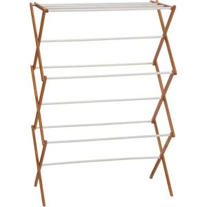 Household Essentials Bamboo Folding Clothes Drying Rack | White Finish, 11 Dowels & Flat Drying Shelf | Eco-Friendly, Collapsible Laundry Rack for Dorms, Apartments & Small Spaces | Fully Assembled(Free Standing)