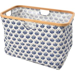 Household Essentials Bamboo Rimmed Krush Basket with Cut Out Handles, Tan Chevron(Blue Cacti)