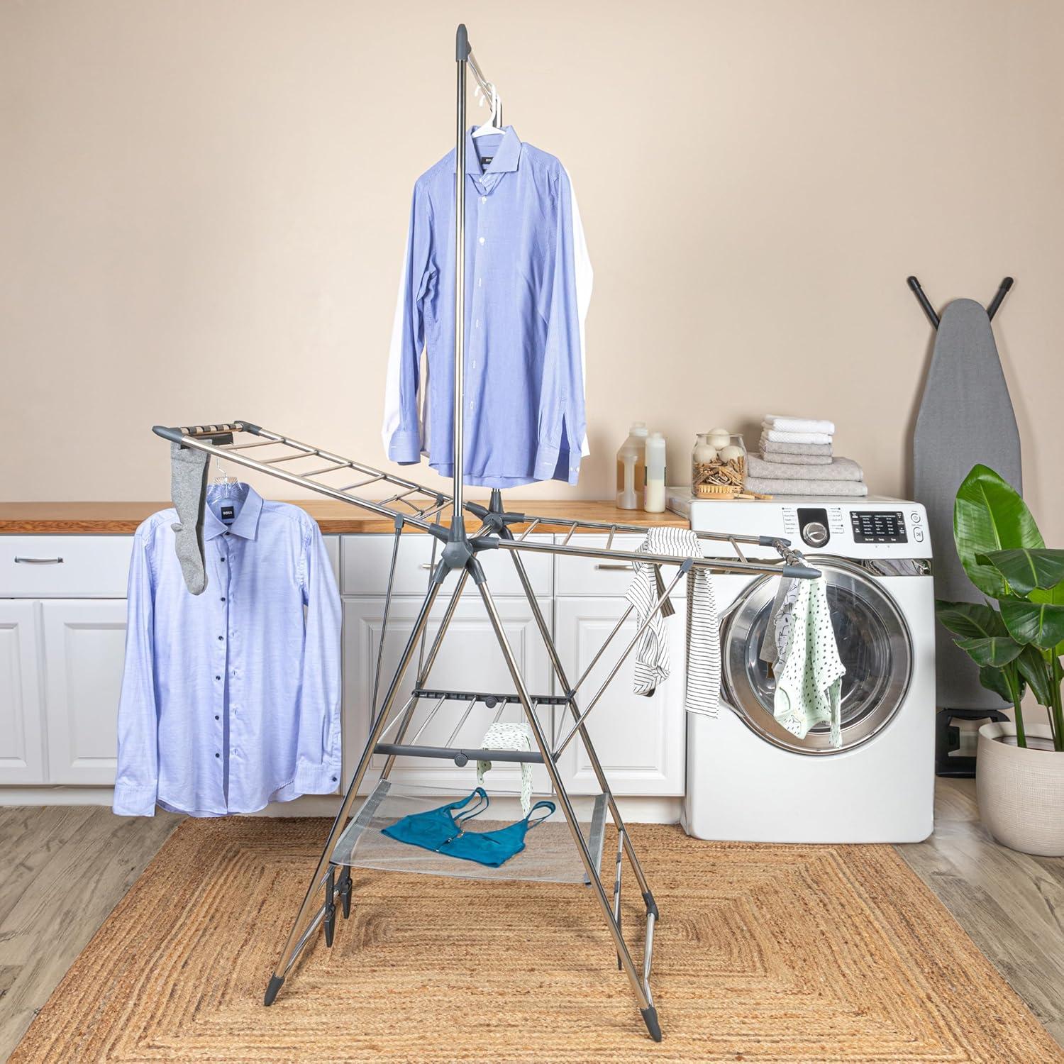image:imageHousehold Essentials Multi Tier Stainless Steel Laundry Drying Rack with T Bar and Two Side Wings Silver