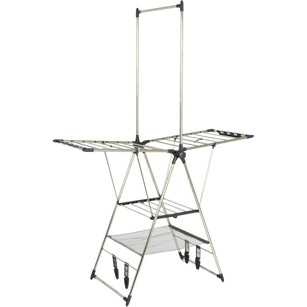 image:imageHousehold Essentials Multi Tier Stainless Steel Laundry Drying Rack with T Bar and Two Side Wings Silver