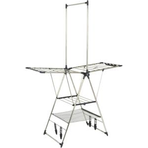 Household Essentials Multi Tier Stainless Steel Laundry Drying Rack with T Bar and Two Side Wings, Silver