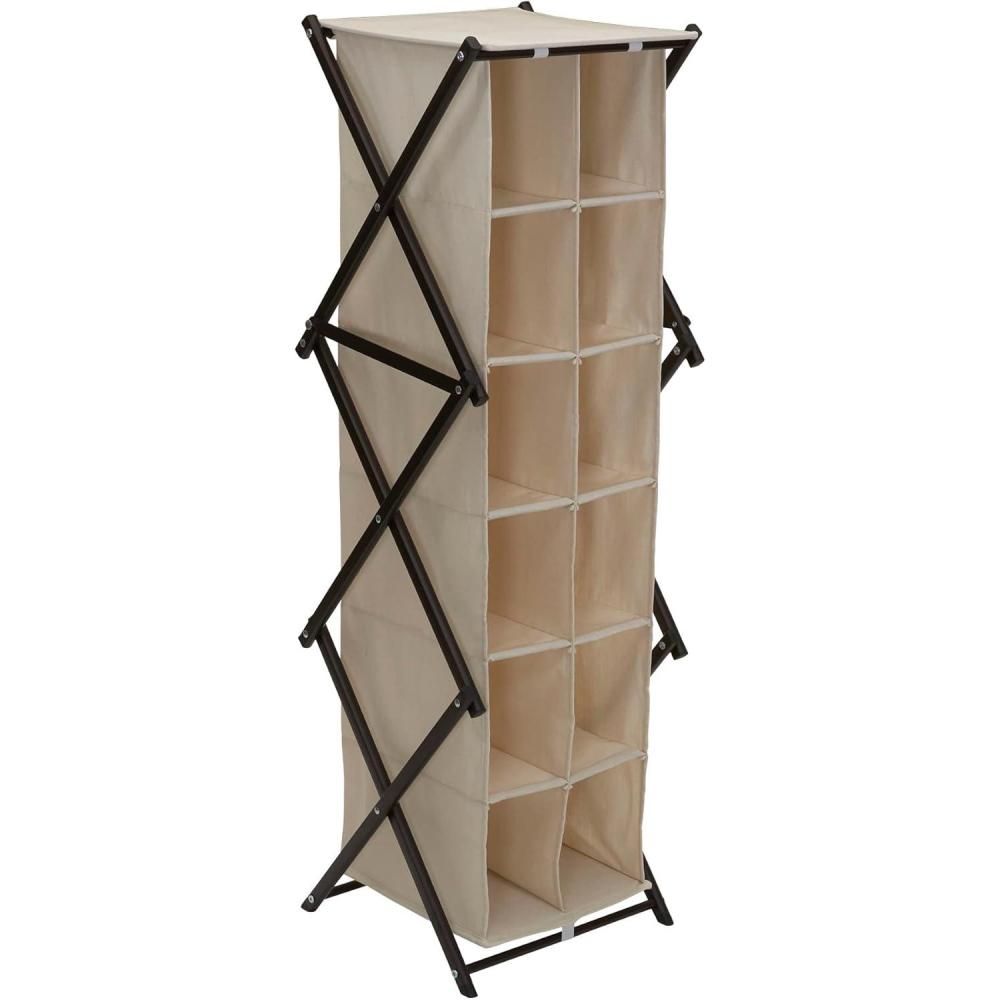 image:imageHousehold Essentials 12 Pocket Shoe Cubby Sturdy Folding Frame PolyCotton Blend Fabric Holds 12 Pairs of Shoes Breathable Seamless Back Natural