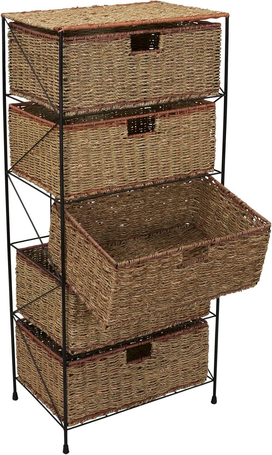 image:imageHousehold Essentials 5 Drawer Seagrass Wicker Storage Unit Rattan Storage Tower with Protective Coating Strong Metal Frame Spacious and Rustic Modern Design Handwoven Natural