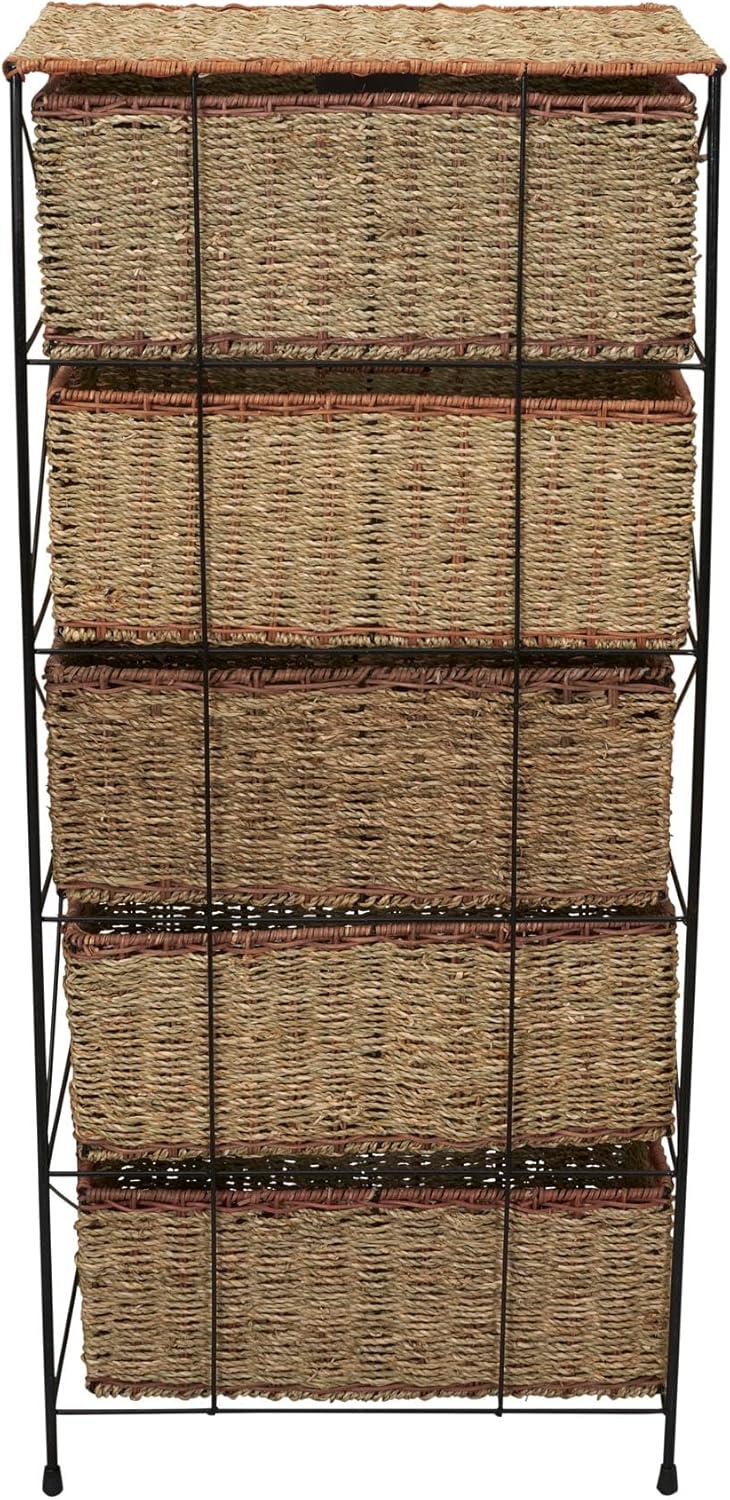 image:imageHousehold Essentials 5 Drawer Seagrass Wicker Storage Unit Rattan Storage Tower with Protective Coating Strong Metal Frame Spacious and Rustic Modern Design Handwoven Natural