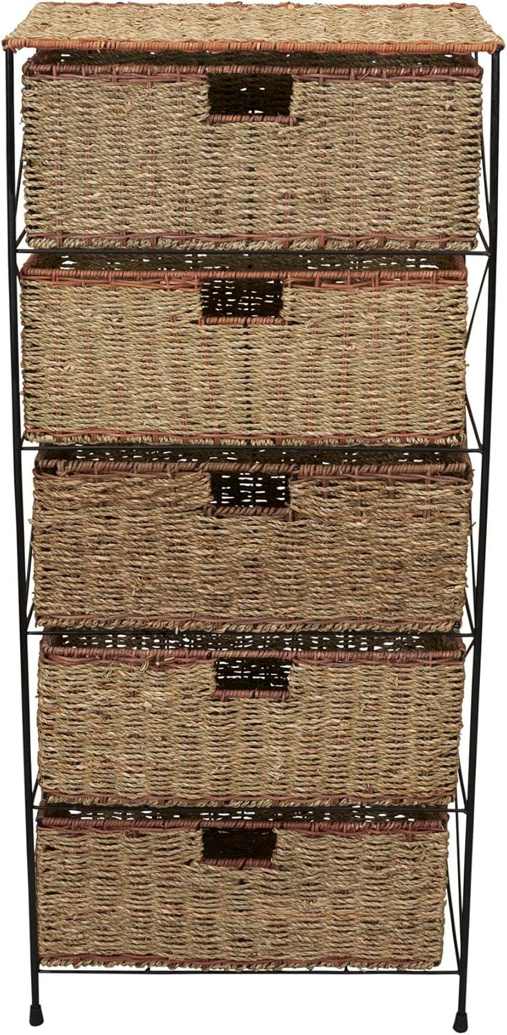 image:imageHousehold Essentials 5 Drawer Seagrass Wicker Storage Unit Rattan Storage Tower with Protective Coating Strong Metal Frame Spacious and Rustic Modern Design Handwoven Natural
