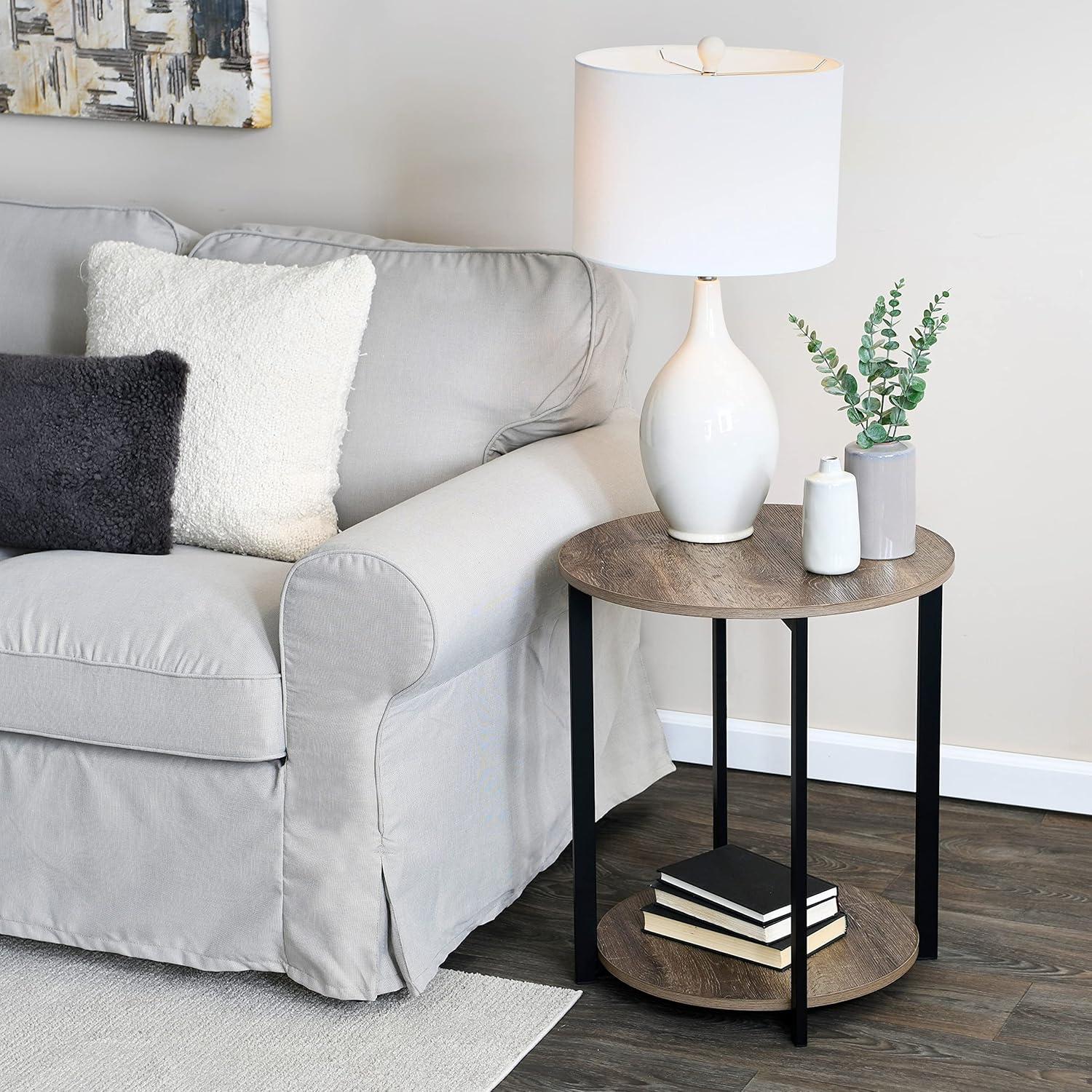 image:imageHousehold Essentials Jamestown Round Side End Table with Storage Shelf Rustic Slate Concrete and Black MetalAshwood