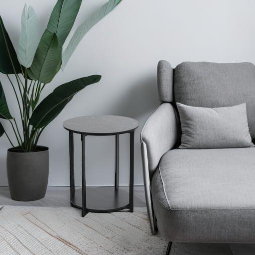 image:imageHousehold Essentials Jamestown Round Side End Table with Storage Shelf Rustic Slate Concrete and Black MetalBlack Oak